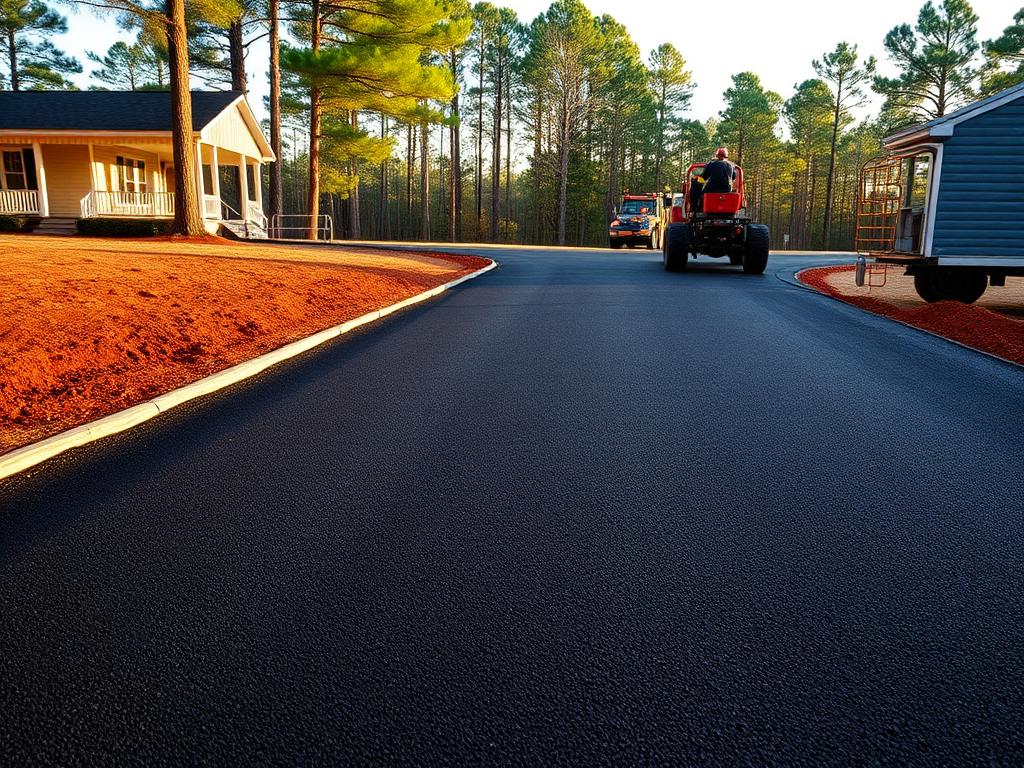 Freshly paved black asphalt driveway at an Alabama home