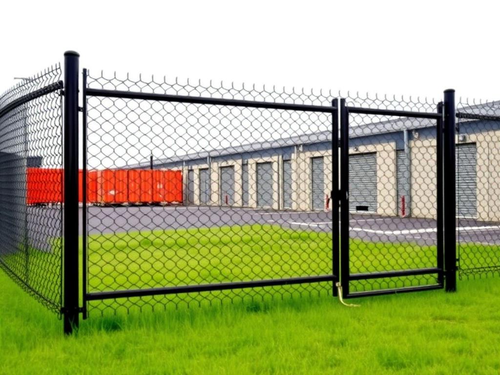 Black chain link fencing with steel posts and gate securing a storage yard