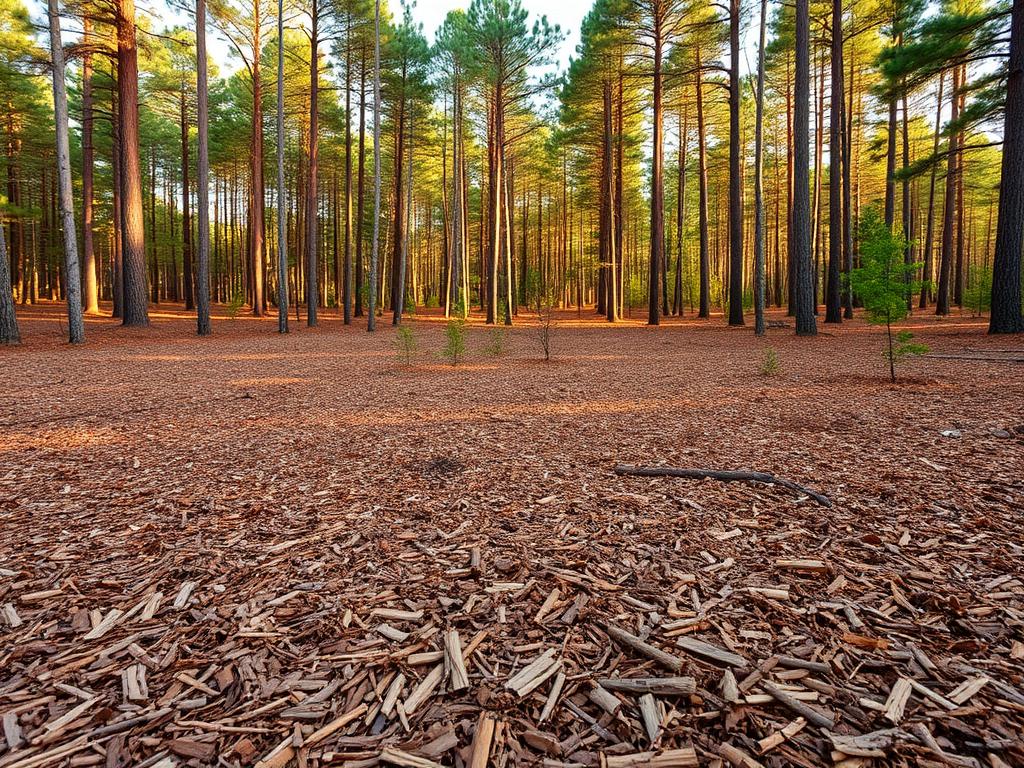 Freshly mulched ground in an Alabama pine woodland after forestry mulching